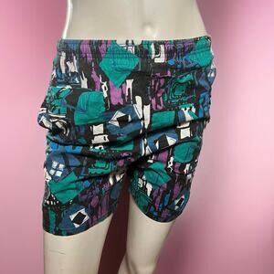 VINTAGE 80s Geometric Board Shorts Size S Panic Retro Skater Above Knee